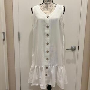 Casual White Button-Front Sleeveless Dress with Ruffled Hem,
